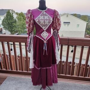 Vintage Renaissance Faire Lace Silky Dress Theatre Costume Medieval Gown S XS